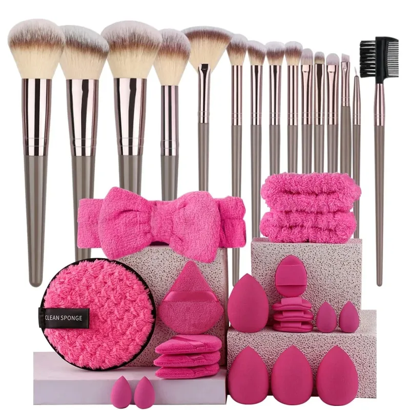 Premium Makeup Brushes Set Kabilang ang Makeup Brushes Hairband Wrist Sponge Ball Powder Puff Silicone Cleaning Makeup Brush Tool