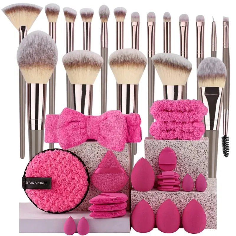 Premium Makeup Brushes Set Kabilang ang Makeup Brushes Hairband Wrist Sponge Ball Powder Puff Silicone Cleaning Makeup Brush Tool