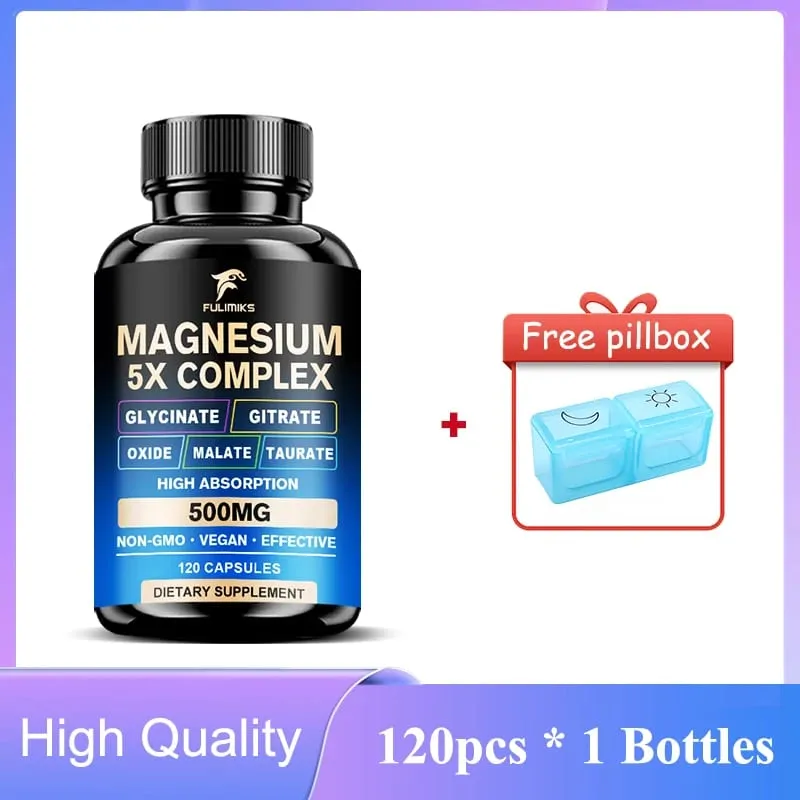 Magnesium Pills Supplement 5 in 1 Complex Glycinate Citrate Malate Taurate Oxide Support Stress Muscle Bone Heart Sleep