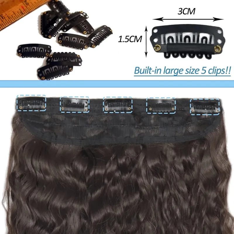 Synthetic 5 Clips Long Water Wave Clip In Hair Extensions Heat Resistant 22Inch One Piece Black Brown Hairpiece For Women