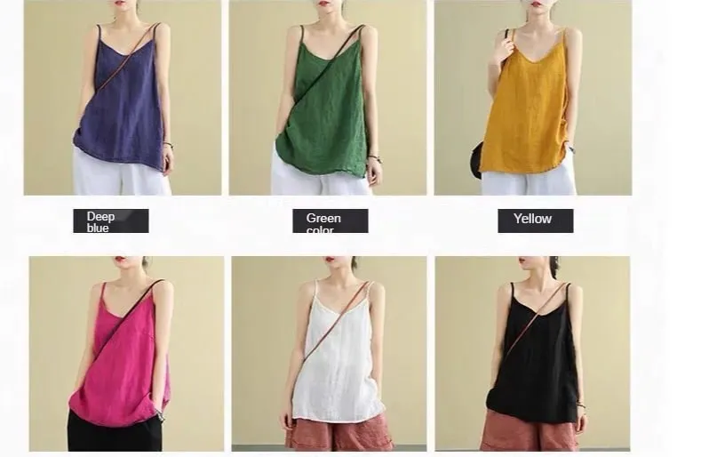 Women's Summer Top Cotton Linen Spaghetti Strap Top Women Halter V Neck Basic Yellow Sleeveless Tank Tops Loose Casual Camis