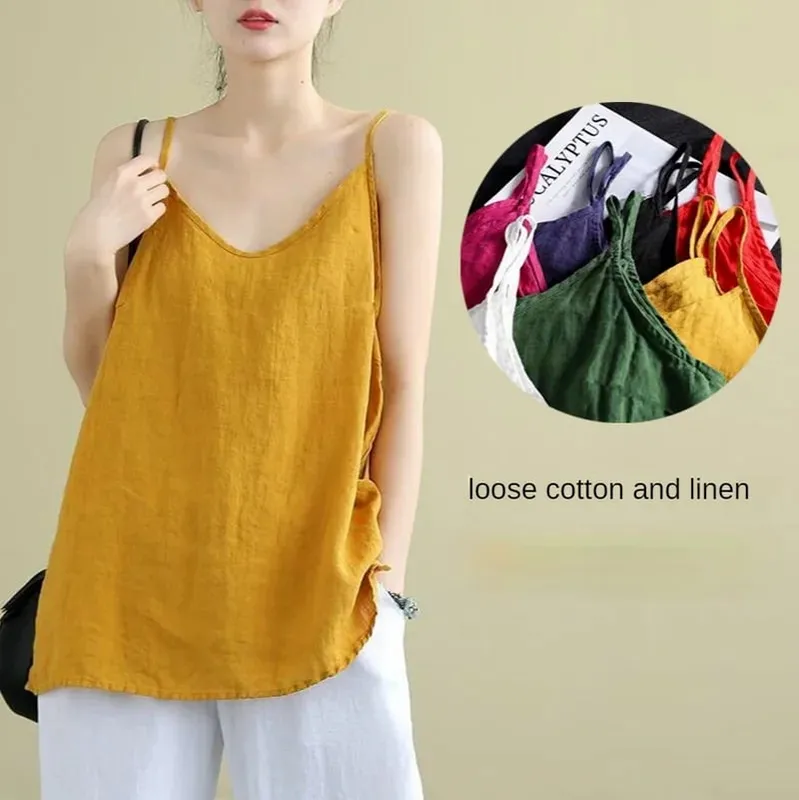 Women's Summer Top Cotton Linen Spaghett