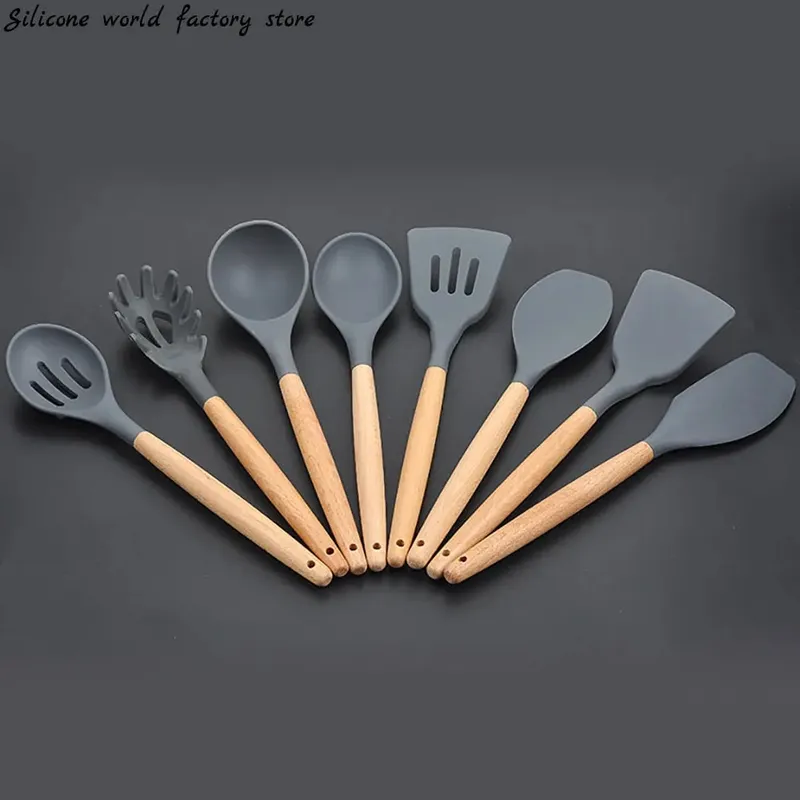 Silicone World Cooking Kitchenware Tool Silicone Utensils With Wooden Multifunction Handle Non-Stick Spatula Spoon Brush