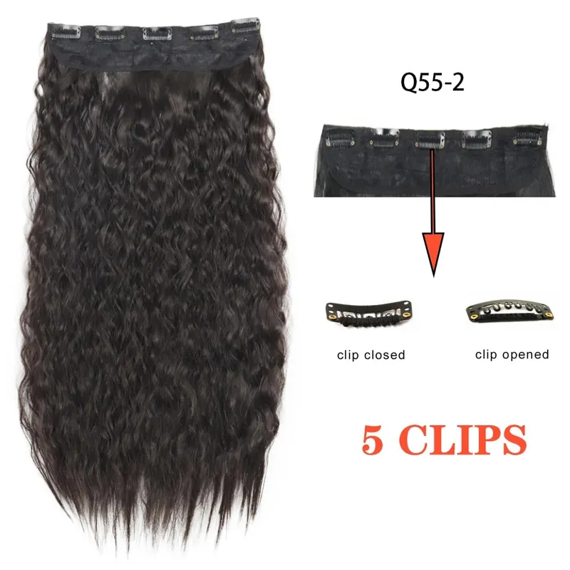 Synthetic Long Wave 5 Clips Hair Extensions Clips in High Temperature Fiber Black Brown Hairpiece