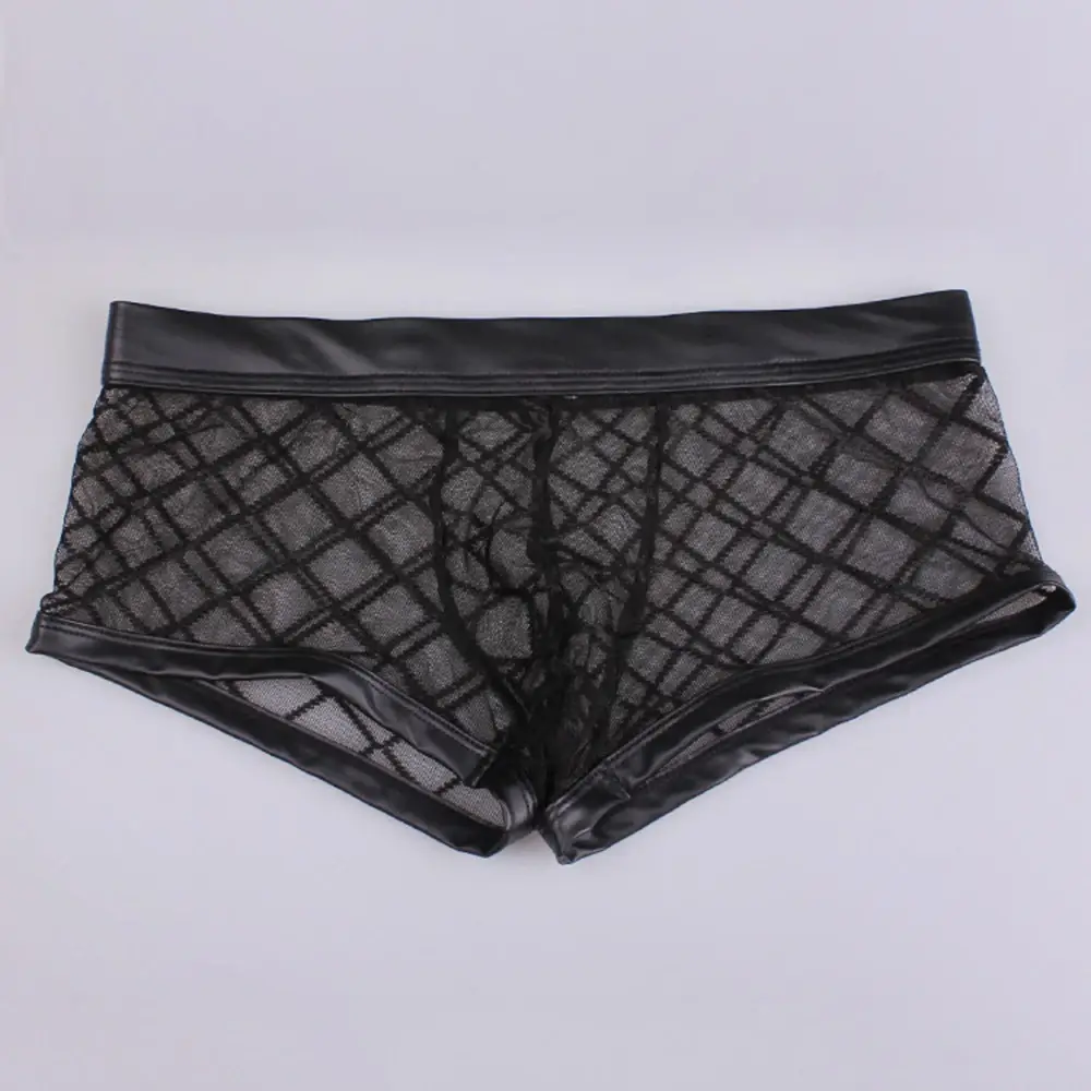 Sexy respirável fino boxer preto masculino malha transparente ver através de u-convexo roupa interior lingerie gay wear calças
