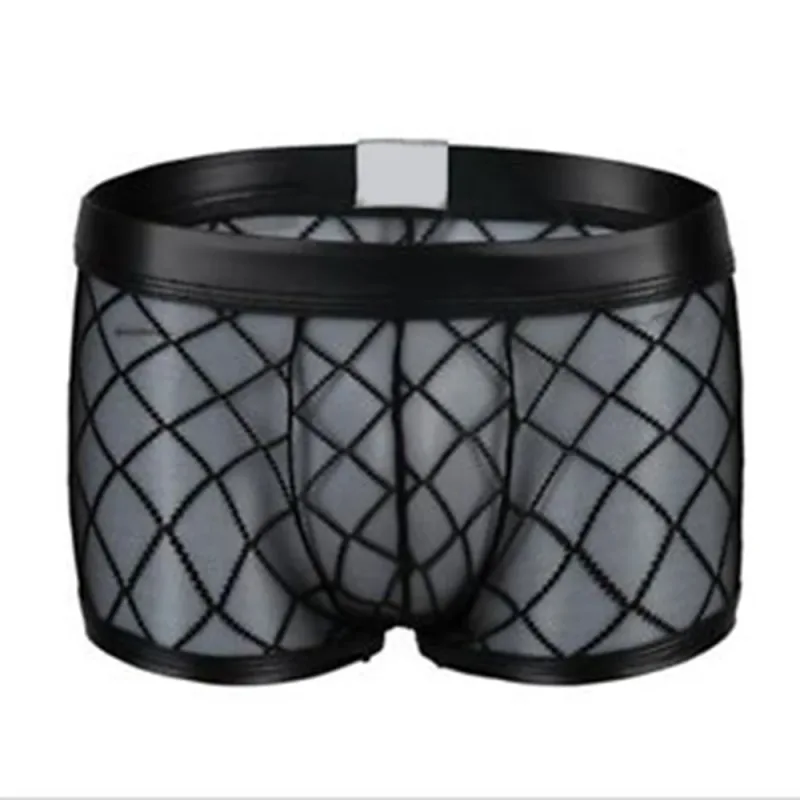Sexy respirável fino boxer preto masculino malha transparente ver através de u-convexo roupa interior lingerie gay wear calças