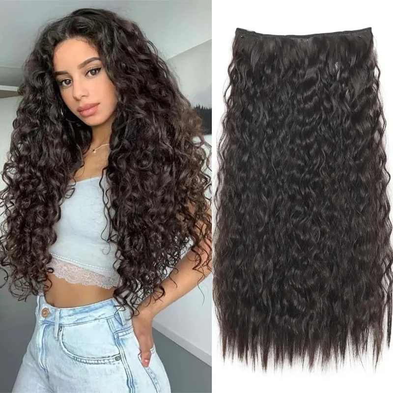 Synthetic Long Wave 5 Clips Hair Extensions Clips in High Temperature Fiber Black Brown Hairpiece