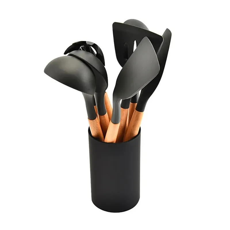 Silicone World Cooking Kitchenware Tool Silicone Utensils With Wooden Multifunction Handle Non-Stick Spatula Spoon Brush