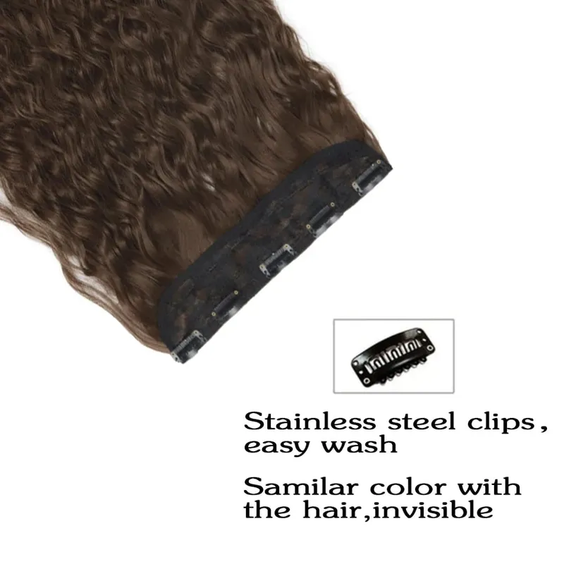 Synthetic Long Wave 5 Clips Hair Extensions Clips in High Temperature Fiber Black Brown Hairpiece