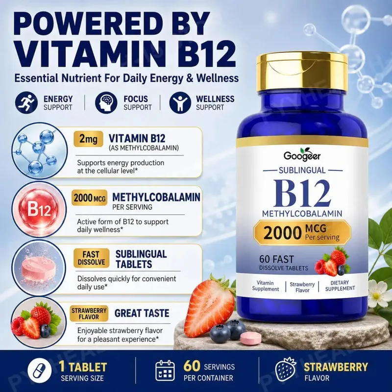 Googeer B12 Methylcobalamin Υπογλώσσια Ταμπλέτες Γρήγορης Διάλυσης με Άρωμα Φράουλα για Καθημερινή Υποστήριξη Άνεσης Σώματος 60 ταμπλέτες