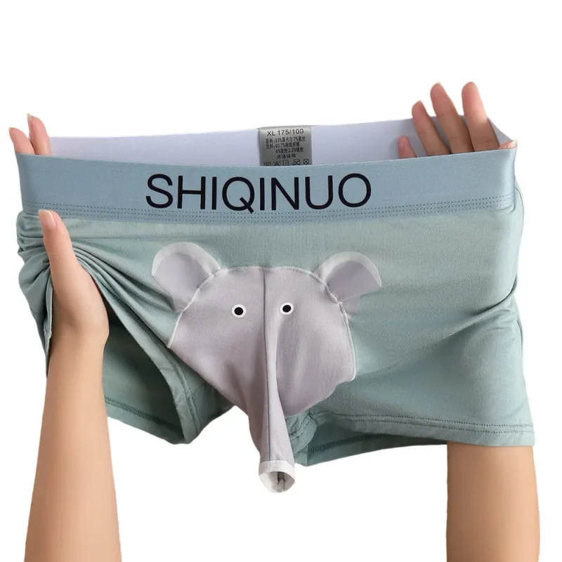 Men Cute Elephant Print Boxer Briefs Elastic Letter Waist 3D Pouch Soft Breathable Daily Sleep Home Casual Comfy Underwear Wear