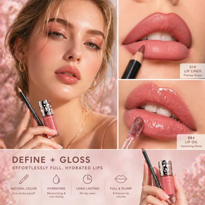 Σετ γαλακτοκομικών χειλιών-1 τμχ Matte Lip Liner+1 τμχ Hydrating Lip Gloss Ποικιλία χρώματος Velvet Definition & Glassy Shine Nourishing Formula