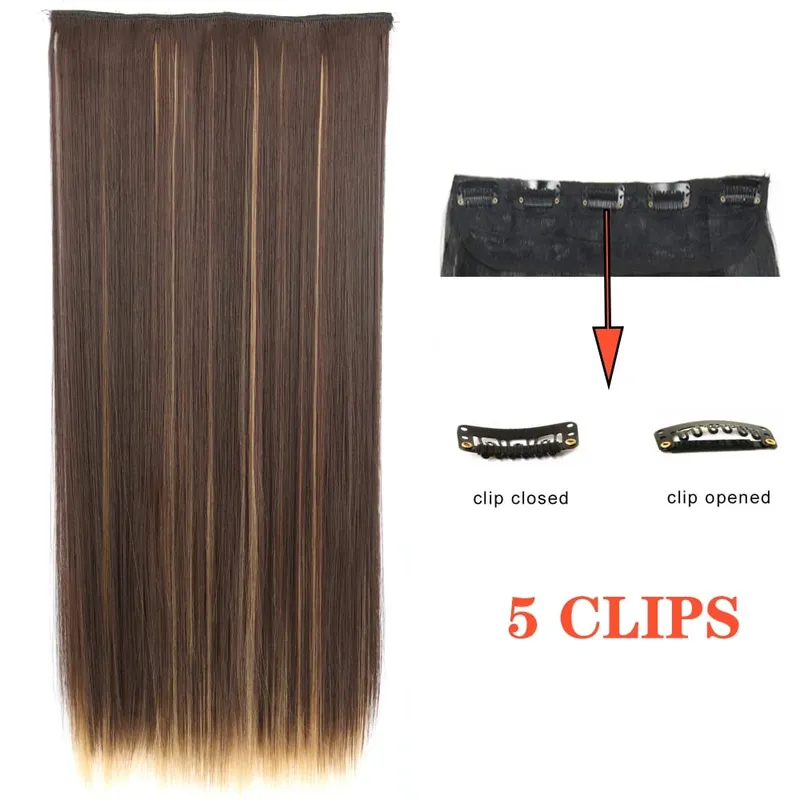Synthetic Long Wave 5 Clips Hair Extensions Clips in High Temperature Fiber Black Brown Hairpiece