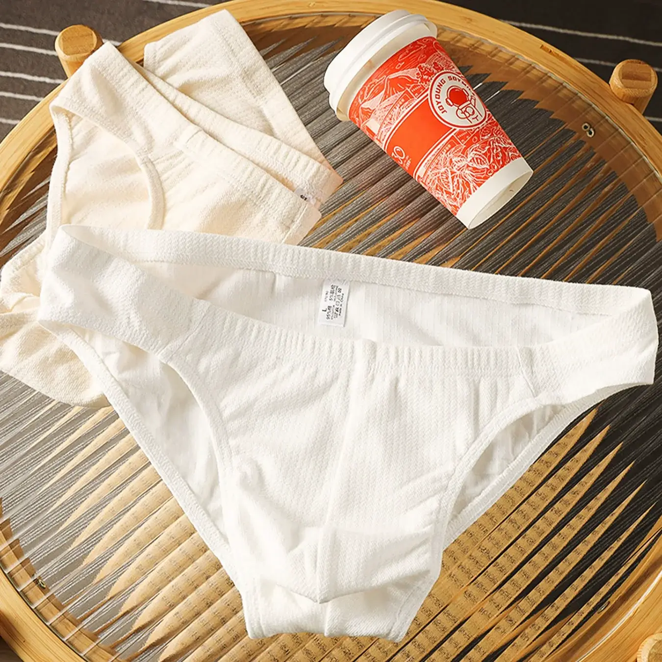 3-teiliges Herren-Slip-Set aus strukturierter Baumwolle mit niedriger Taille – minimalistische, einfarbige Unterwäsche (Beige/Weiß/Hellgrau)