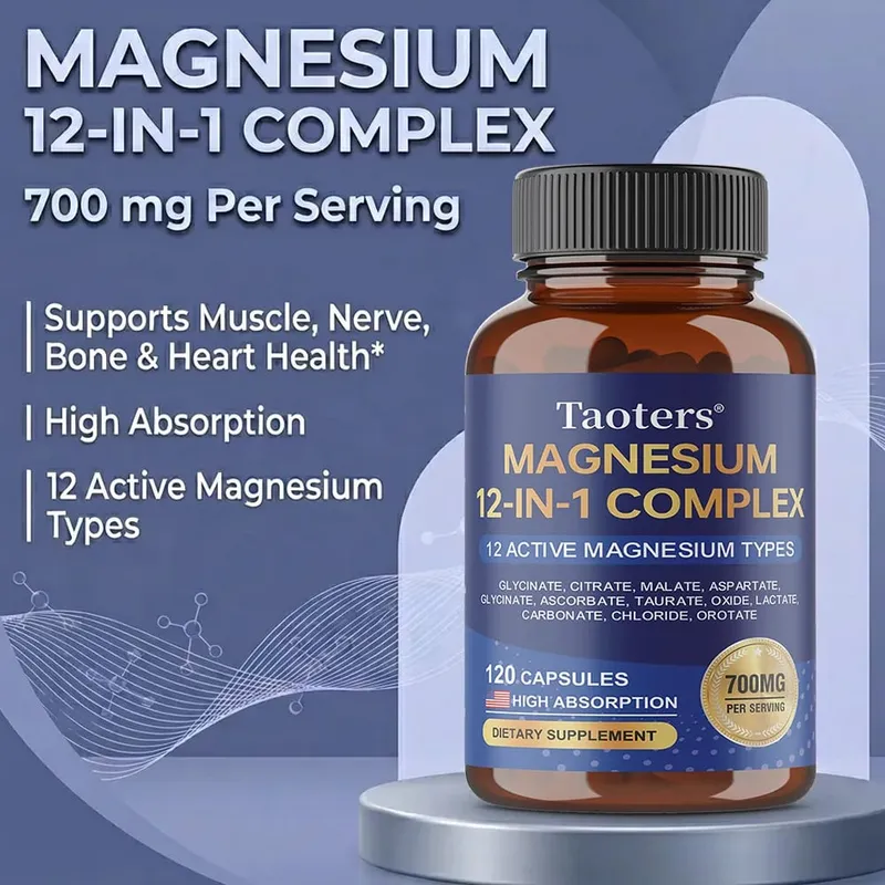 Magnesium 12-in-1 complex supplement – ​​700 mg hoge absorptieglycinaatcitraatmalaat en tauraatmengsel voor spierzenuwslaap