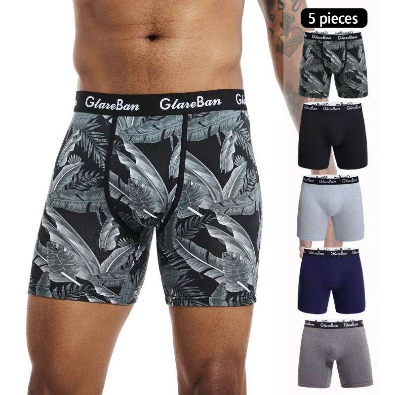 5 pz Set Mid-Lungo Boxer Nero Biancheria Intima Degli Uomini Traspirante Mutande Maschili per Gli Uomini Homme Boxer Sottovesti Mutandine Morbide 2024