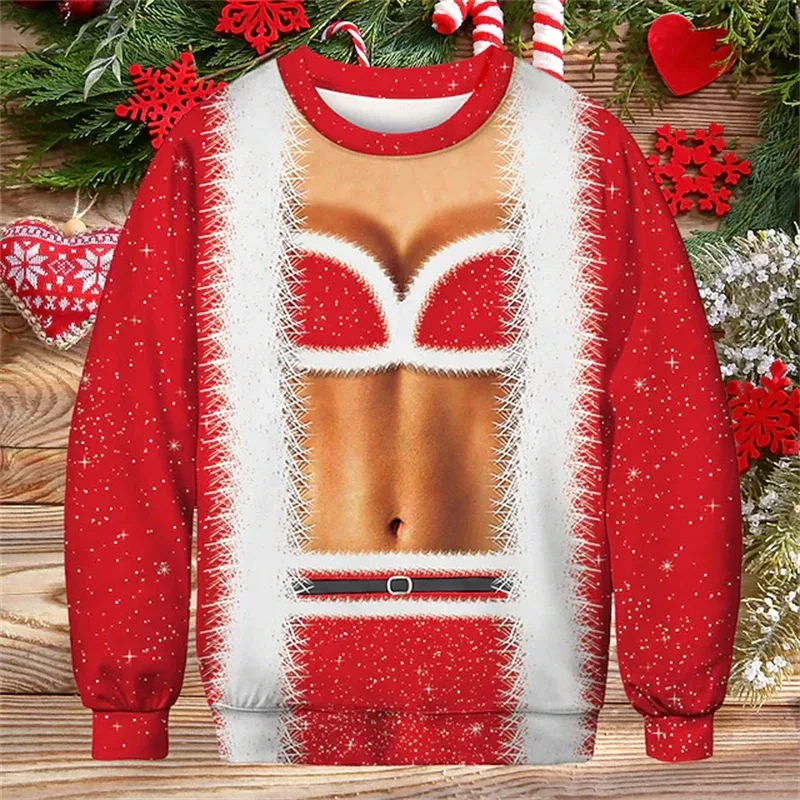 Pull de noël moche pour hommes, impression 3D drôle, motif musculaire, nouvelle mode, Costume de Cosplay de fête, cadeau de noël