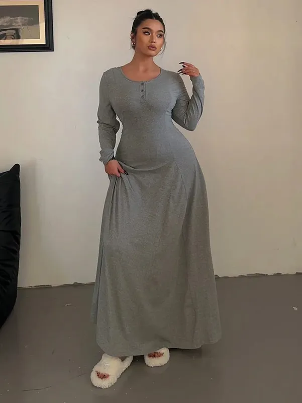 Nagyméretű egyszínű kötött elegáns A-vonalú Flowy maxi ruha | Női hosszú ruha | Alkalmi és ingázó stílus