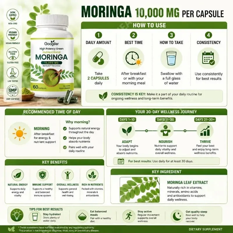Premium Moringa Supplement with Natural Leaf Extract Herbal Nutrition Formula for Daily Wellness Support 60 Capsules