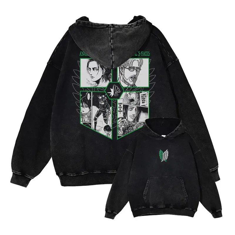Anime Levi Hoodies Vintage Washed A-Attack on Titan Hoodie Casual Manga Yeager Eren Hooded Sweatshirts Titan Attack Pullover