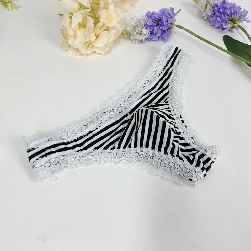 Men Lace Trim Striped G-string Underwear Half-covered Butt Low-rise Pantie Breathable Sexy U Bulge Pouch Comfortable Tong