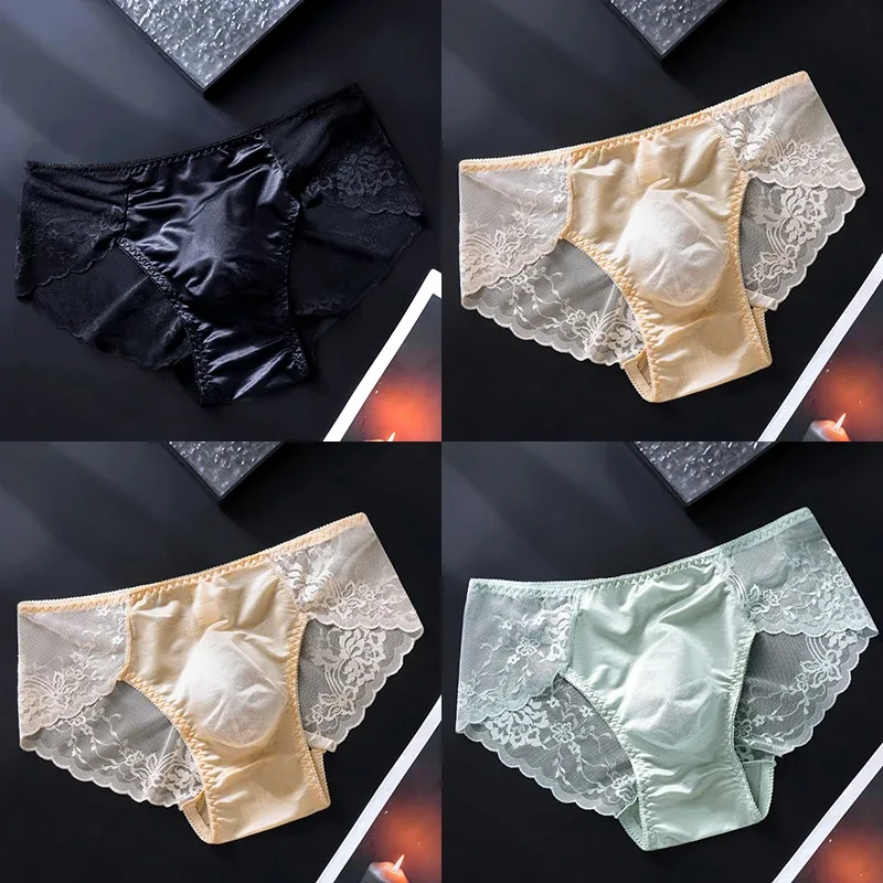 4PCS Sexy Transparent Men Lace Briefs Low Waist Thin Hollow Out Triangle Panties Male Seamless Exquisite Breathable Underwear