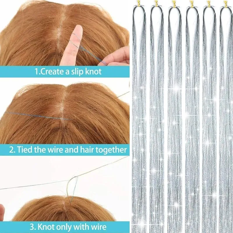 Synthetic 6PCS Sparkle Shiny Tinsel Hair Extensions Colored Long Straight Tinsel Kit 1200 strands Hairpiece for Girls Party Use — image 5