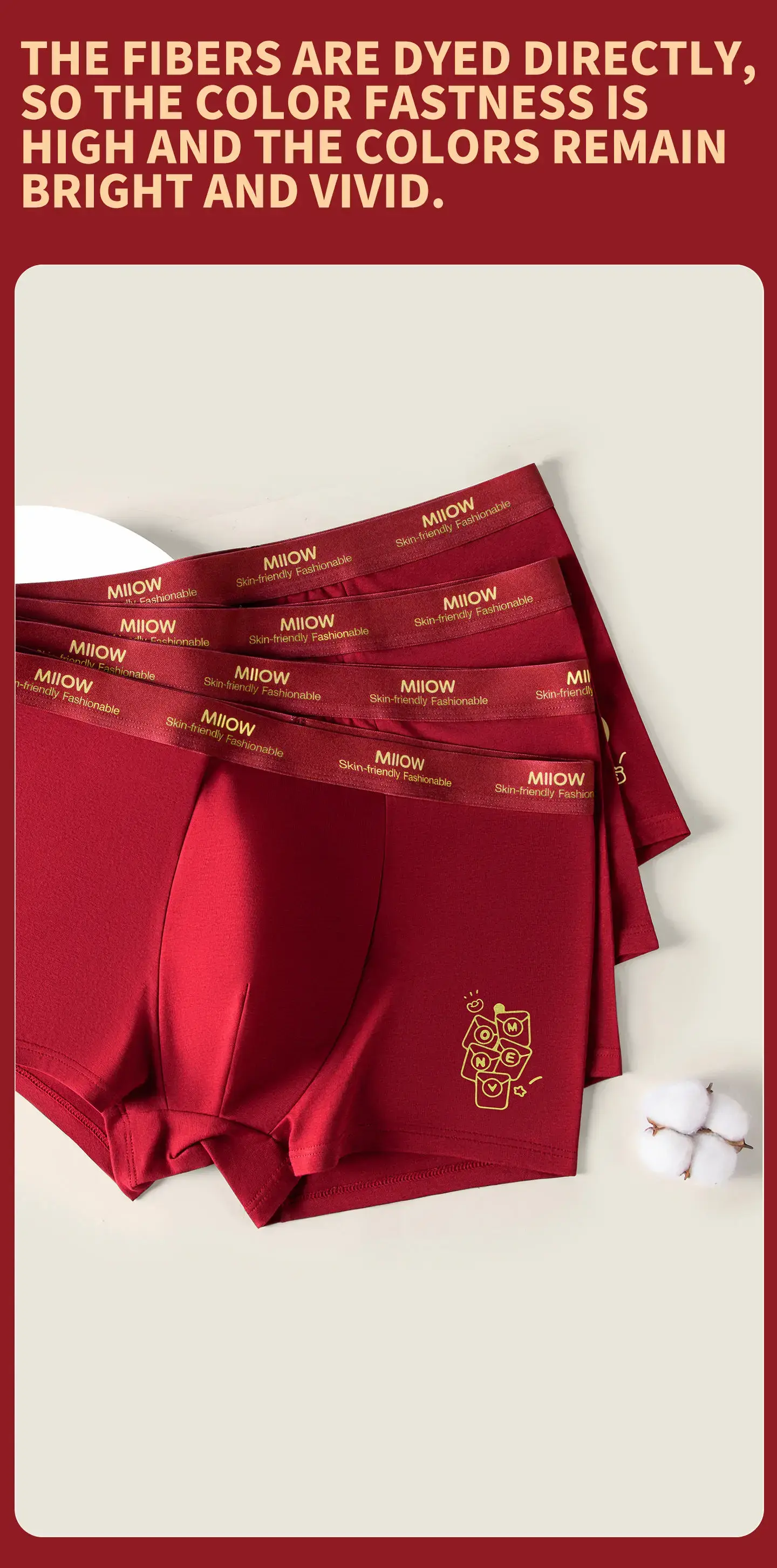 MiiOW 3Pcs Cotton Men Underwear 10A Antibacterial Crotch Men's Panties Breathable Skin-friendly Man Boxers Lucky Red Underpants
