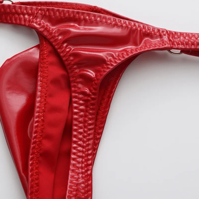 1pc masculino cintura de couro brilhante com anel de metal g-strings tangas gay bulge bolsa cintura baixa elástico roupa interior bunda-expondo sexy