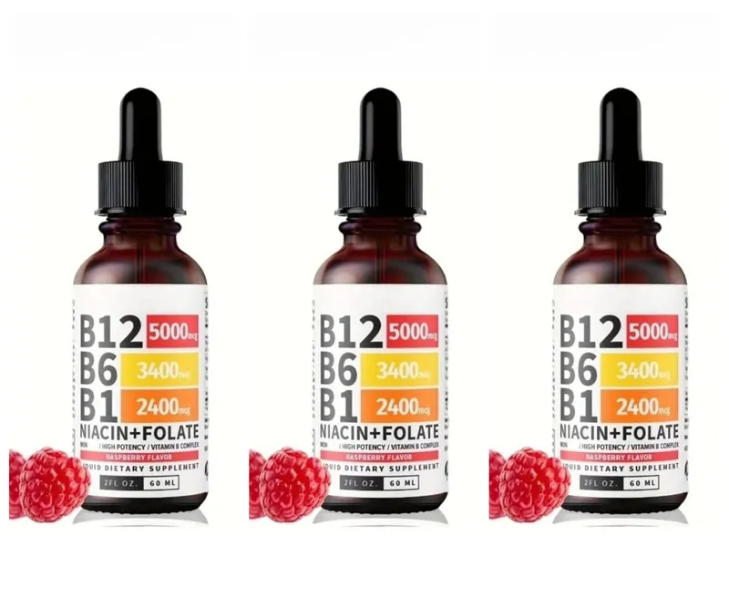 Vitamin B12 Liquid Drops 60ml Raspberry Flavor with Vitamin B6+B1 Etc Multivitamin Support Energy Recovery & Brain Heart Health