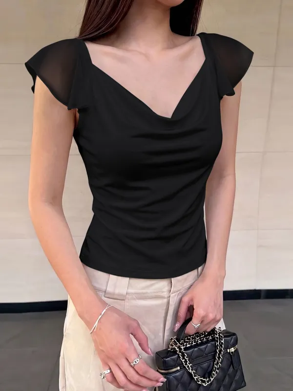 Dulzura Swinging Collar Backless Chiffon Patchwork Tank Top Γυναικεία μονόπλευρη σέξι περιστασιακή Y2K Top Party Vacation Beach Summer outfit