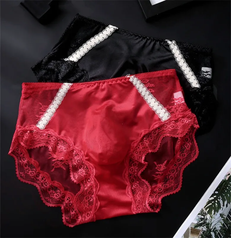 adults 18 plus size men's underwear Ice silk cuecas masculino 3D convex bag cueca color blocked lace mesh calzoncillos hombre