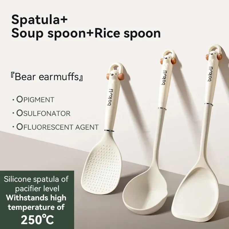 Új, továbbfejlesztett konyhai edény 3 részes készlet - Szilikon spatula rizs és leveses kanál hőálló, tapadásmentes főzőeszközök