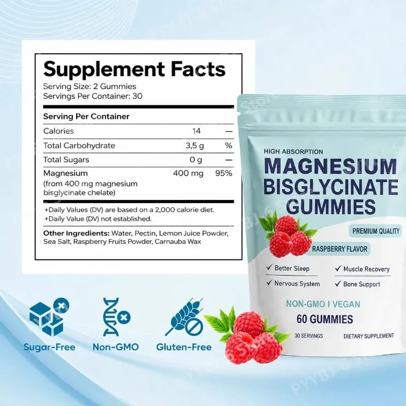 Υψηλής απορρόφησης Bisglycinate Magnesium Gummies Vegan Raspberry Flavor 60 Count Υποστήριξη Υγεία Μυϊκών Οστών Χωρίς ΓΤΟ χωρίς γλουτένη