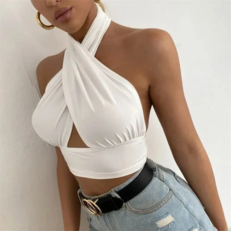 y2k Halter למעלה נשים בגדי קיץ צבע אחיד ללא שרוולים אפוד ללא גב חולצת טריקו שנות ה-2000 בגדים אסתטיים Streetwear