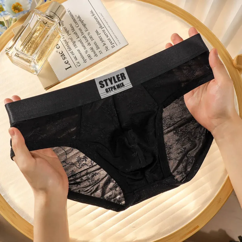1/3PCS Sexy Perspective Men's Briefs Luxury Jacquard Smooth Ice Silk Mens Intimate Underwear Breathable 3D Mesh Pouch Lingerie