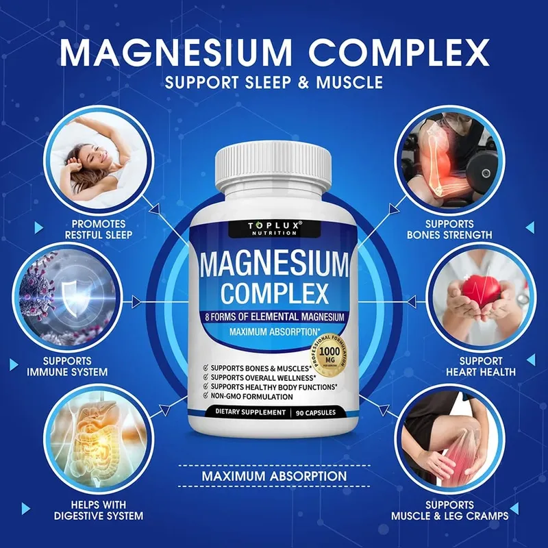 תוסף מגנזיום קומפלקס 1000MG - מגנזיום גליצינאט ציטראט ומלט - תמיכת שינה הפגת מתח שרירים והרפיה