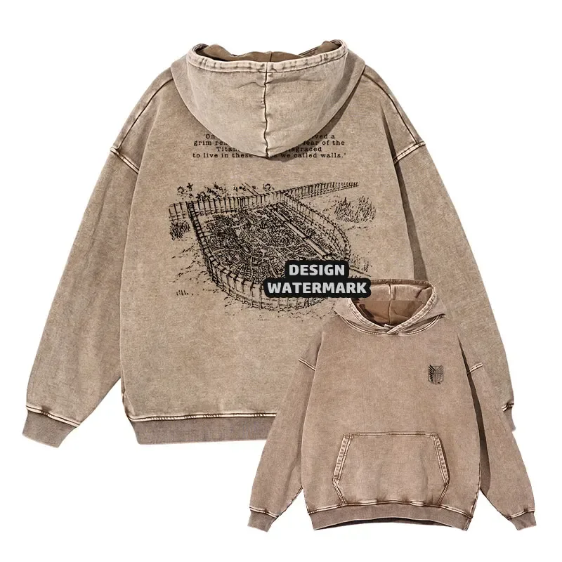 Anime Levi Hoodies Vintage Washed A-Attack on Titan Hoodie Casual Manga Yeager Eren Hooded Sweatshirts Titan Attack Pullover