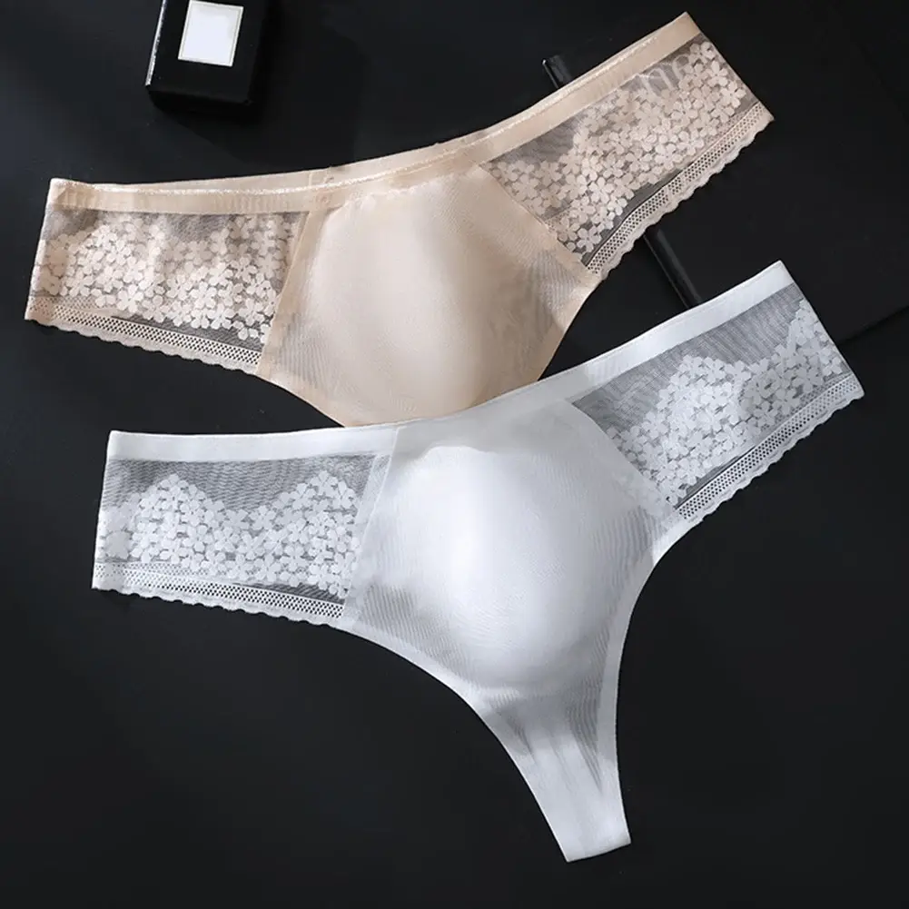 Breathable Men's Lace G-String Underwear Featuring Thin Seamless Ice Silk Fabric with 3D Bulge Pouch and Solid Color Design
