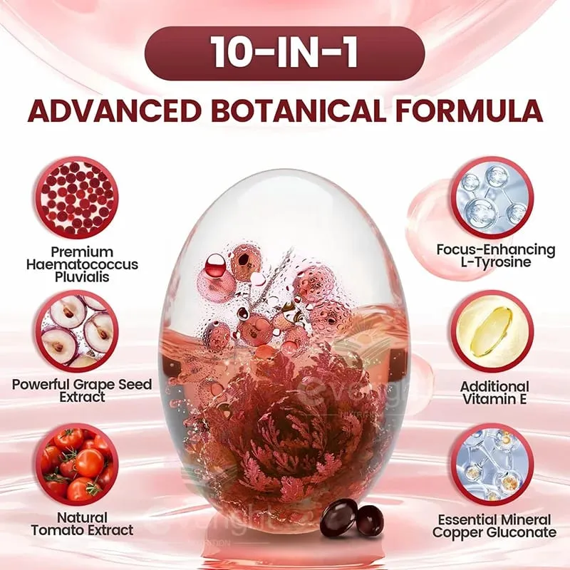 Astaxanthin 24mg – Potent Antioxidant for Skin Eyes & Immune Health – 10-in-1 with Lycopene Grape Seed Vitamin E & Zinc