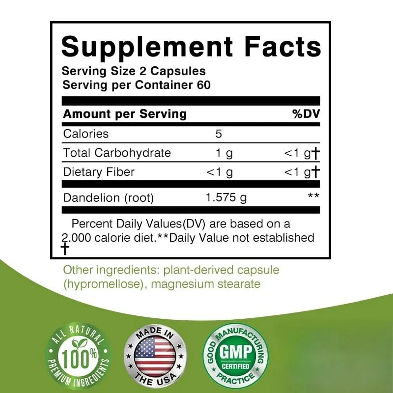 Dandelion Root Extract Capsules para sa Liver Detox Protection Suporta sa Atay Malakas na Immune System Normal na Presyon ng Dugo at Asukal