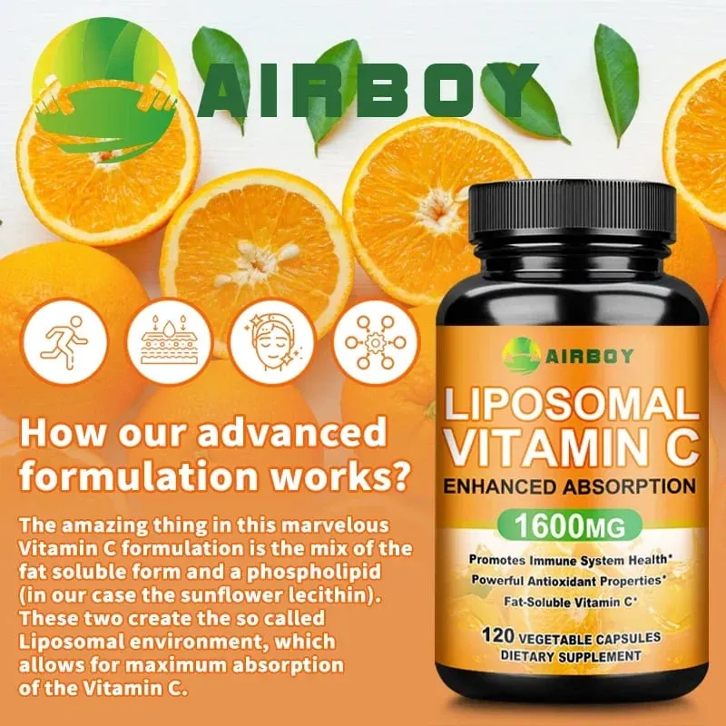 Liposomale vitamine C 1600 mg - Bevordert de productie van collageen Immuunondersteuning Krachtige antioxidant