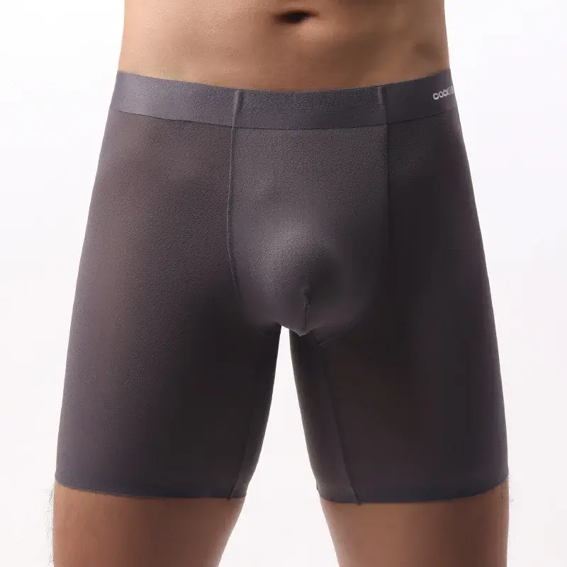 Ice Silk Long Boxer Shorts Men Ultra-thin Breathable Sports Underwear Sexy See Through Panties Male Quick Dry U Pouch Underpants