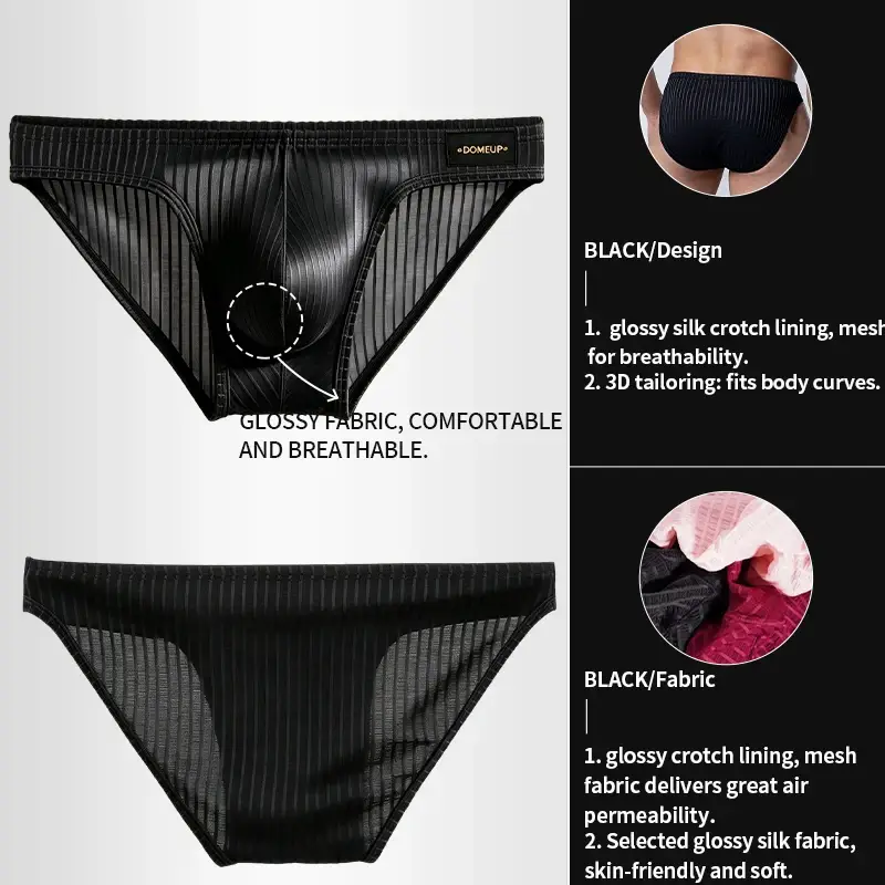 Men's Low‑Rise Briefs, Vertical Striped Sheer Mesh Underwear, Nylon Elastane Stretch Pouch Underpants for Daily Wear