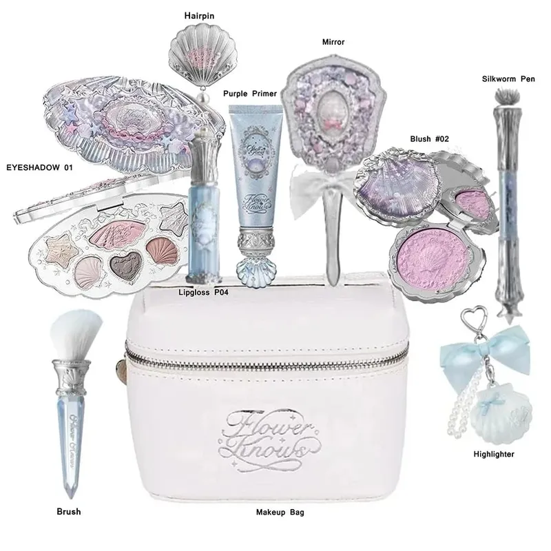 Σετ μακιγιάζ Flower Knows Shell Pearl Bunny Garden Setting Powder Lip Gloss Blush All in One Κιτ γκλίτερ για γκλίτερ μπέικιν πάουντερ