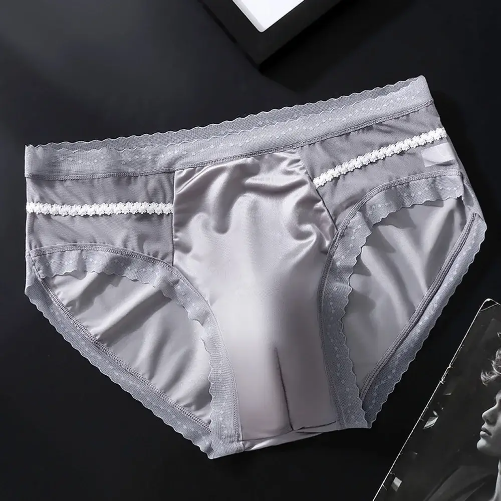 Men's Low Waist Triangle Underwear Sexy Elastic Lace Trim Silk Pouch Ultra-Thin Seamless Underpants plus Size Lingerie