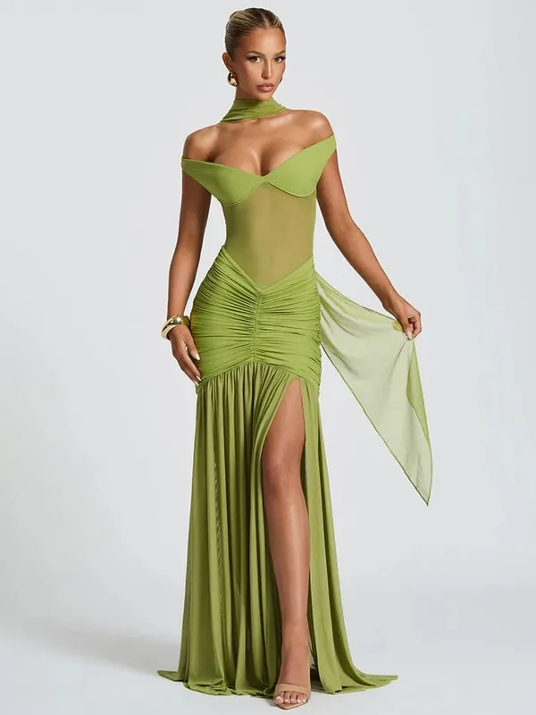 Μακρύ φόρεμα Mozision Off-shoulder Backless Sexy Maxi Women Gown Halter αμάνικο Backless Thigh High Split Club — image 2