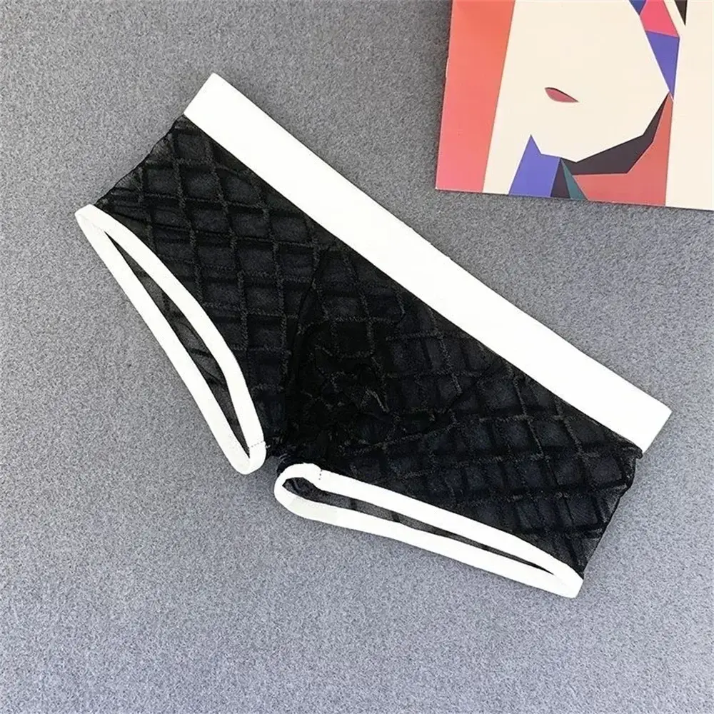 Cueca boxer transparente masculina, bolsa com protuberância, transparente, malha xadrez, sexy, cintura baixa, plus size