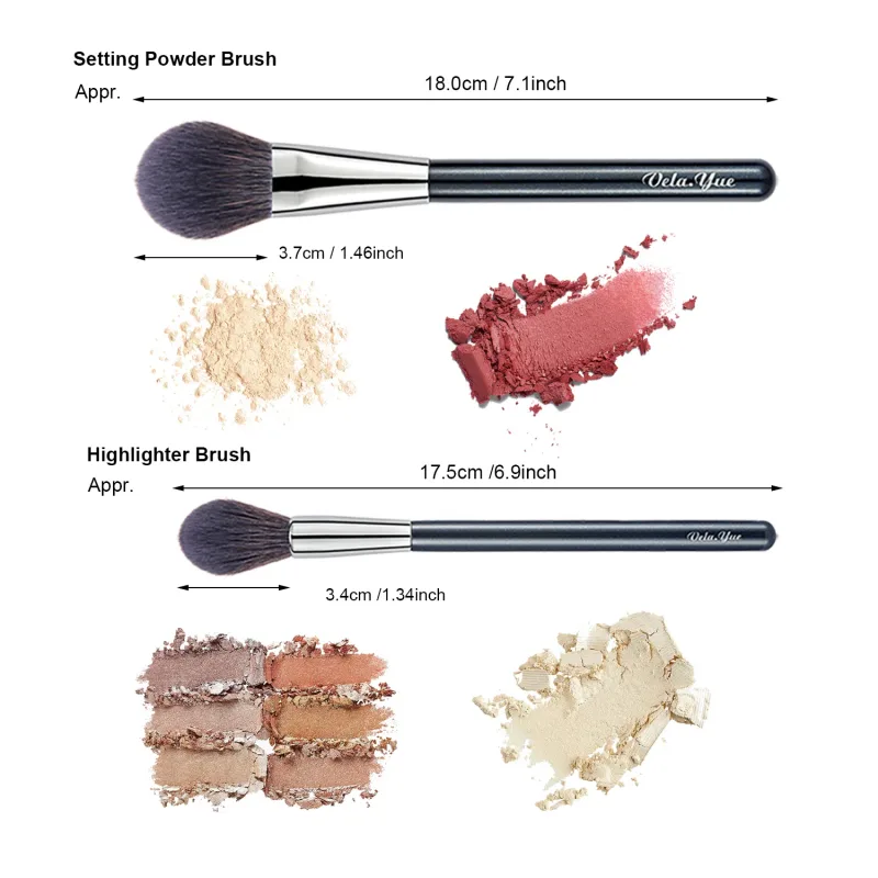 Vela.Yue 2 Buah Set Kuas Rias untuk Kit Alat Kecantikan Kosmetik Luminizer Highlighter Bedak Wajah