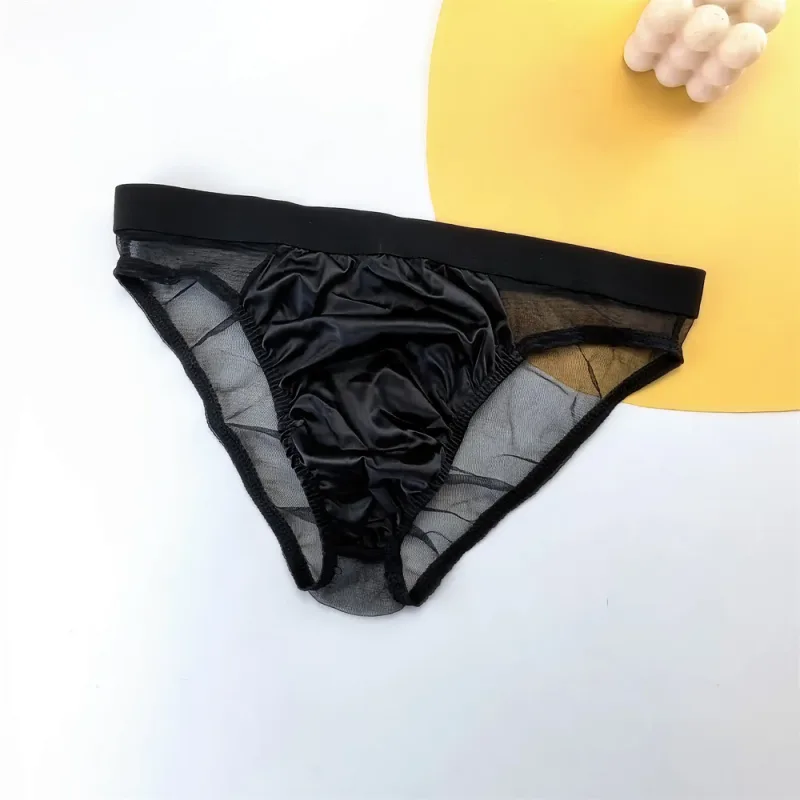 Sexy Glossy Satin Silk Man's Underwear Briefs Transparent Mesh Male Panties Breathable Quick Dry Underpants
